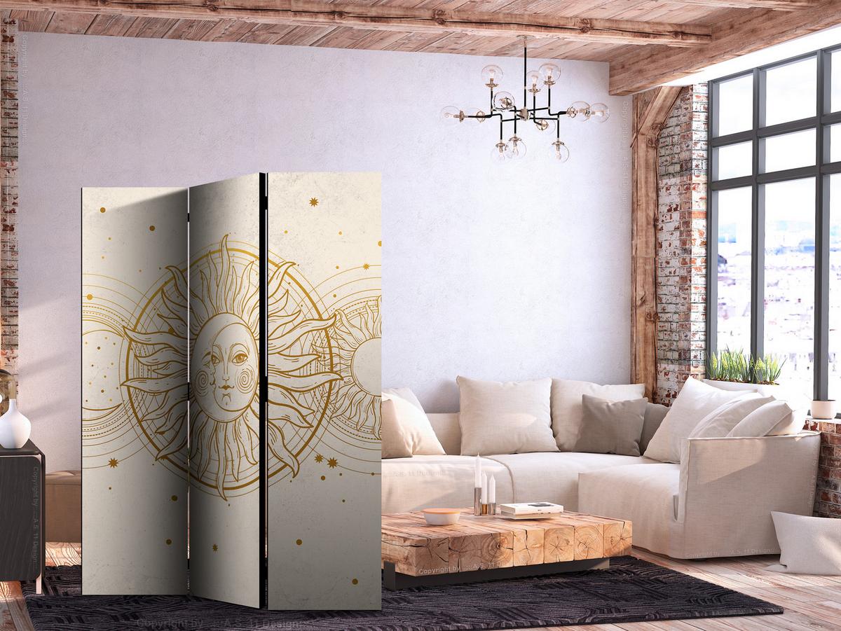 PARAVENT Beidseitig Bedruckter 3-tlg 135x172 cm Sonne Mond Boho Stil - Beige, Holz/Textil (135/172/3cm) - Muralo