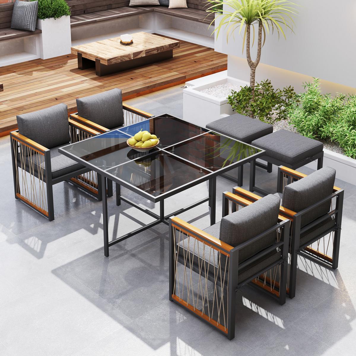 GARTENMÖBEL-SETS mit Sitzkissen 7-teilig - Grau, Glas/Metall - Urban Meuble