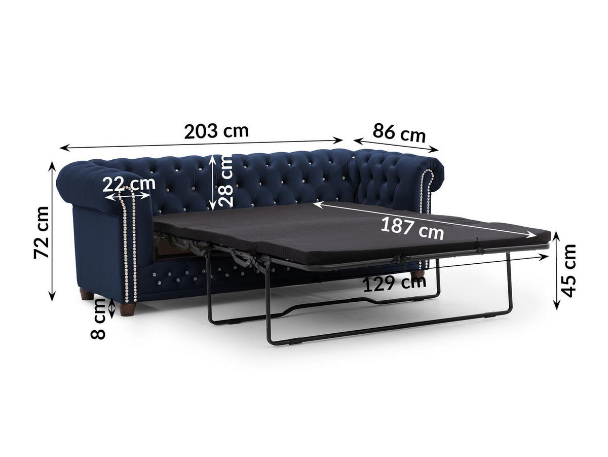CHESTERFIELD-SOFA 3-Sitzer mit Schlaffunktion Cleo Blink Marineblau Samt mit Kristallsteppung und braunen Massivholzfüßen - Blau/Braun, Holz/Textil (203/72/86cm) - S-Style
