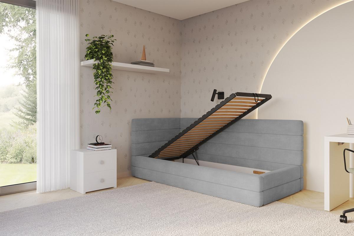 EINZELLBETT Jugendbett mit Bettkasten, Rechts - BEMY 100x200 Grau - Silberfarben, Holzwerkstoff/Textil (100/200cm) - ALTDECOR