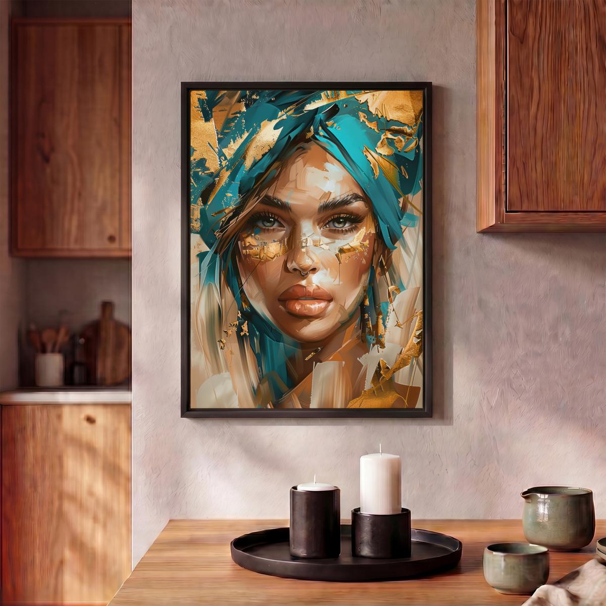 LEINWAND Bilder mit Rahmen - Frau - Porträt - Gold - Luxus - Blau - 30x40 - Türkis, Textil (30/40cm) - MuchoWow