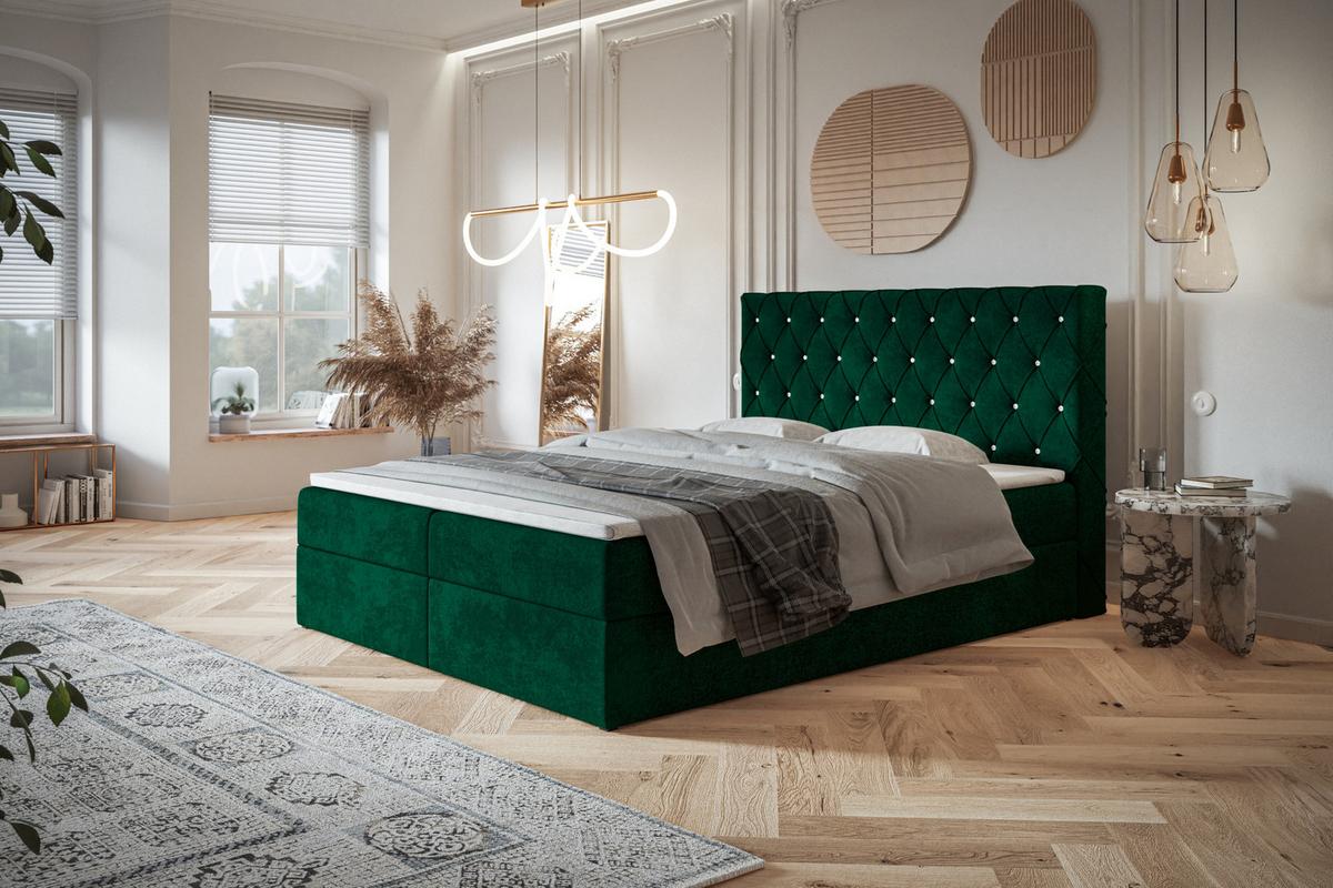 BOXBETT BOSTON mit 2 Bettkästen, 180x200, Farbe: Dunkelgrün, Velourstoff, Doppelbett mit Bonell-Matratze - Dunkelgrün, Holz/Kunststoff (180/200cm) - Alpi-Möbel