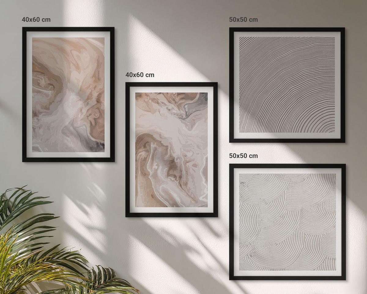 BILDER SET 4er Set - 50x50 cm & 40x60 cm Schwarzer Rahmen - Marmorstein-Texturmuster - Schwarz, Kunststoff (50/50cm) - TULUP