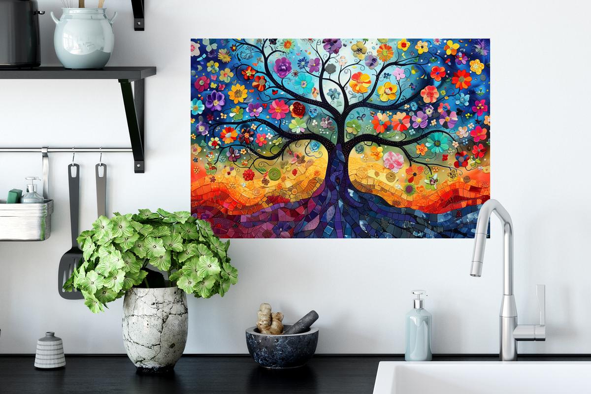 WANDTATTOO Kunst - Baum des Lebens - Blumen - Hippie Deko Wohnzimmer 60x40 cm - Dunkelblau, Kunststoff (60/40/0.1cm) - MuchoWow