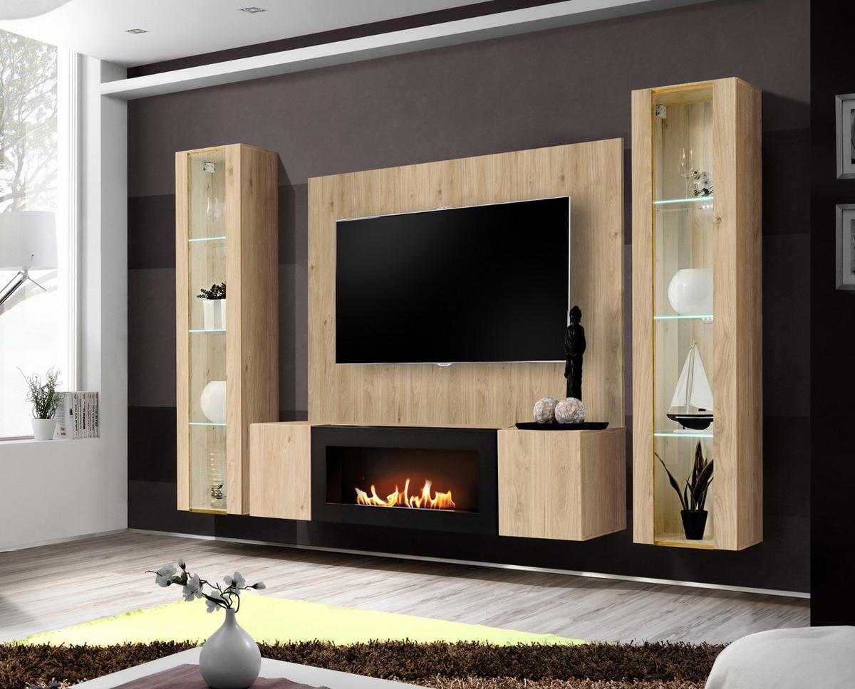 WOHNWAND Eiche Jackson 4-teilig 260 cm hängend, Schrankwand mit LED-Beleuchtung und Ethanol Kamin - Eichefarben, Glas/Holzwerkstoff (260/170/40cm) - Inn.Furn