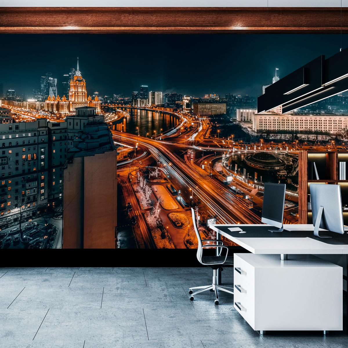 FOTOTAPETE für Wohnzimmer Moskau Nacht Panorama Metropole Straßen 100x70 - Beige/Schwarz, Papier (100/70cm) - Muralo