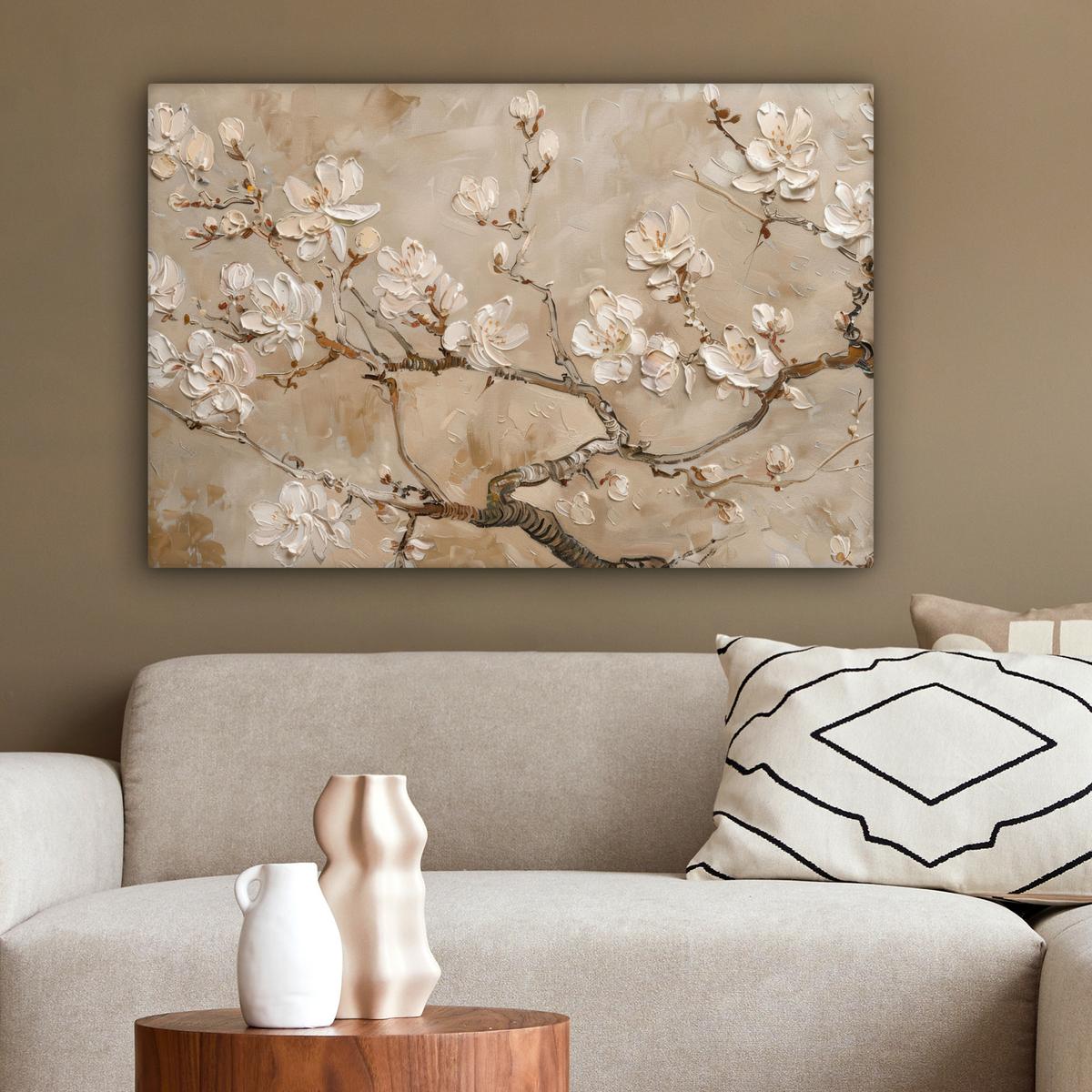 LEINWANDBILD Blumen - Modern - Beige - Weiß - Blüte Gemälde 60x40 cm - Beige, Textil (60/40cm) - MuchoWow