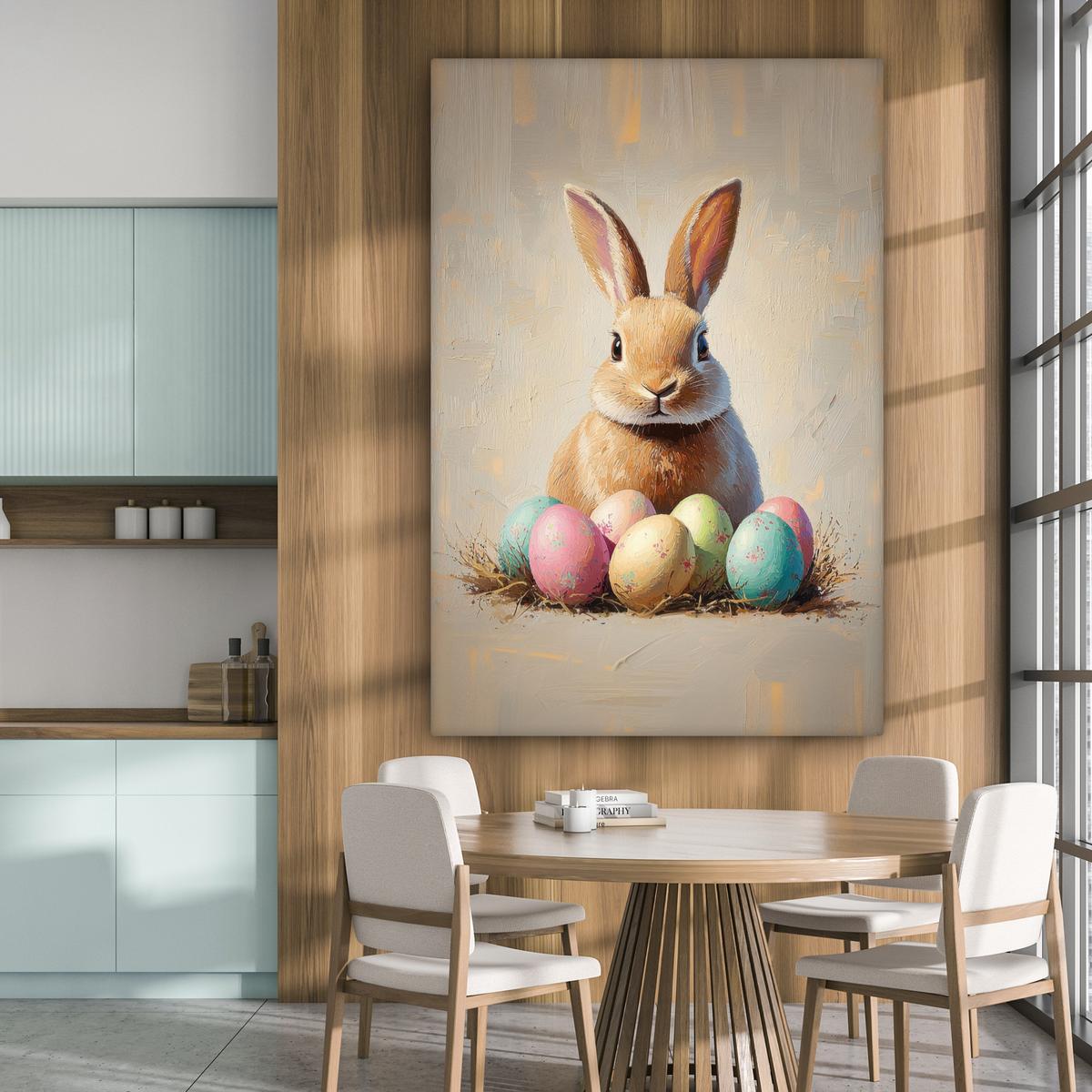 LEINWANDBILD Osterhase - Pastell - Eier Deko Groß 90x140 cm - Beige, Textil (90/140cm) - MuchoWow