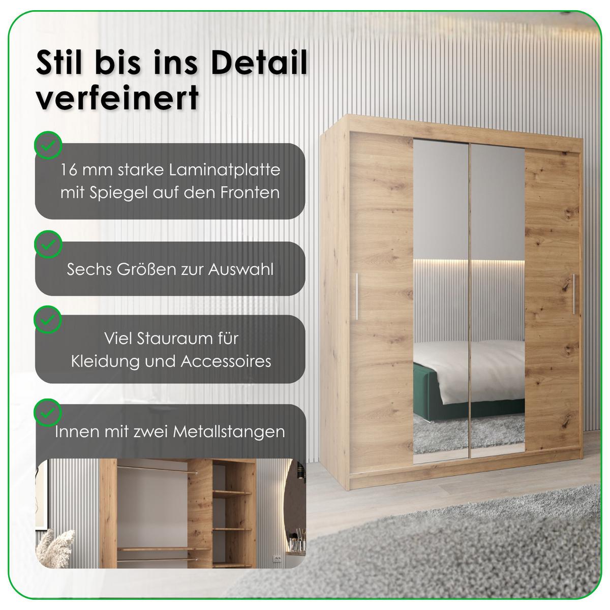 SCHIEBETÜRENSCHRANK mit Spiegel TOKYO 1 200/150/62 2-türig - Silberfarben/Sonoma Eiche, Holz/Kunststoff (150/200/62cm) - MÖBEL KRYSPOL