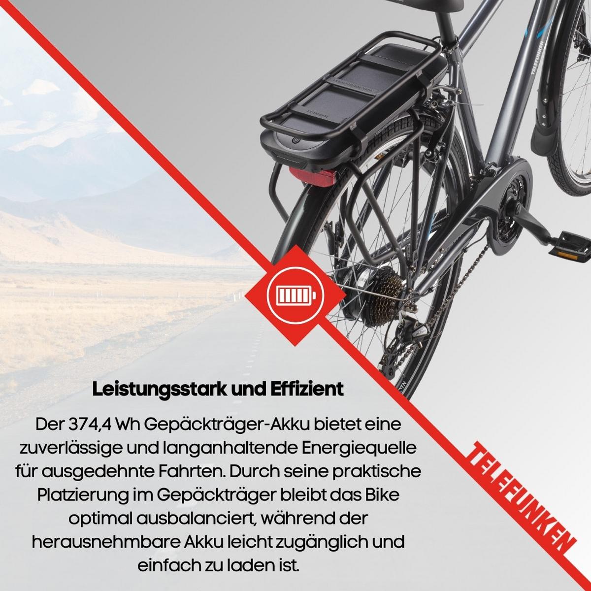 E-BIKE XT481 Trekking Elektrofahrrad 21-Gang Shimano Kettenschaltung, Pedelec, 10Ah, 36V Akku - Anthrazit, Metall (110cm) - Telefunken
