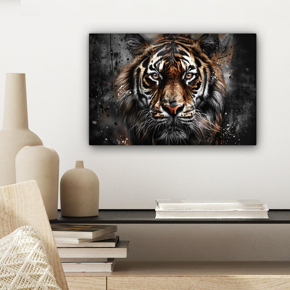 LEINWANDBILD Tiger - Tiere - Porträt - Luxus - Schwarz Deko Schlafzimmer 30x20 cm - Anthrazit, Textil (30/20cm) - MuchoWow