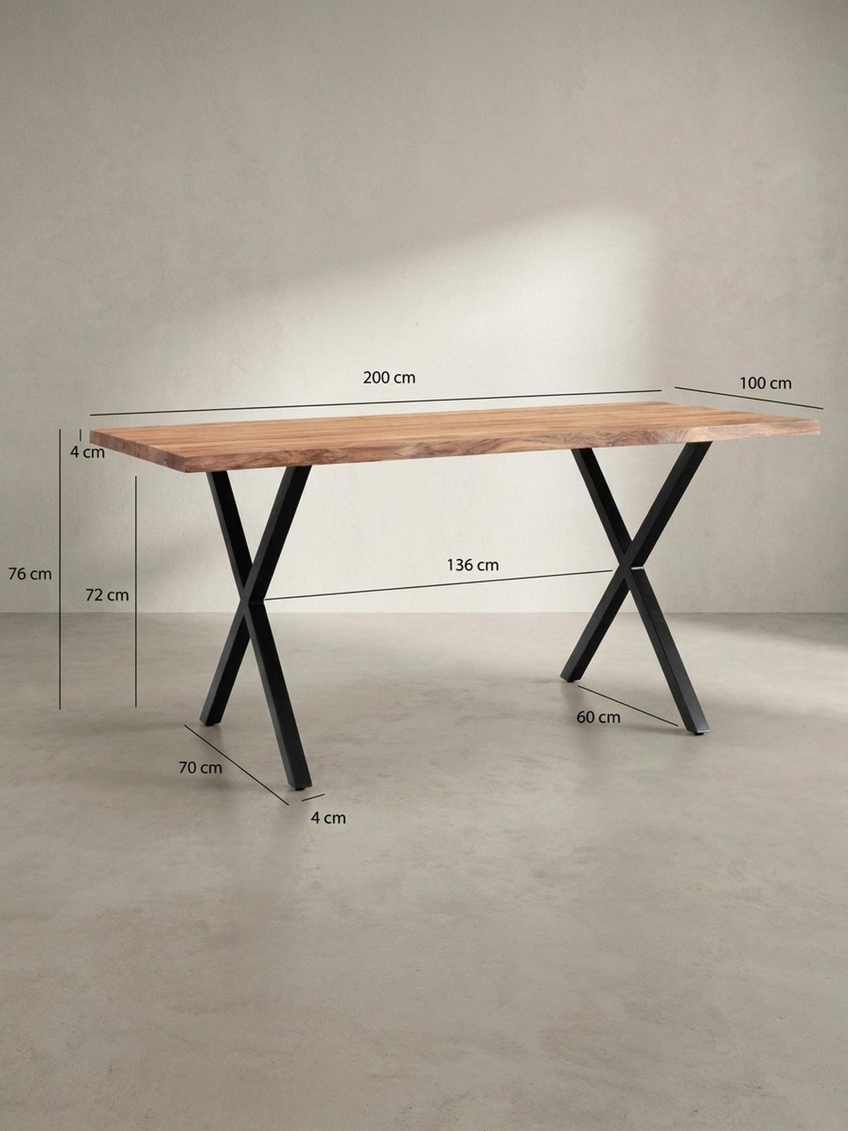 SCHREIBTISCH Massivholz X-Gestell Baumkante Handgefertigt KRETA, Goldbraun-Schwarz 200x100x76 cm - Schwarz/Braun, Holz/Metall (100/200/76cm) - KADIMA DESIGN