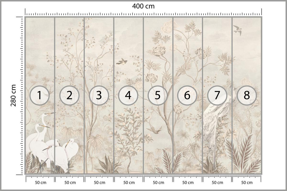 FOTOTAPETE für Esszimmer Weiße Vögel Bäumen Natur Kräne Blumen 400x280 - Beige, Papier (400/280cm) - Muralo