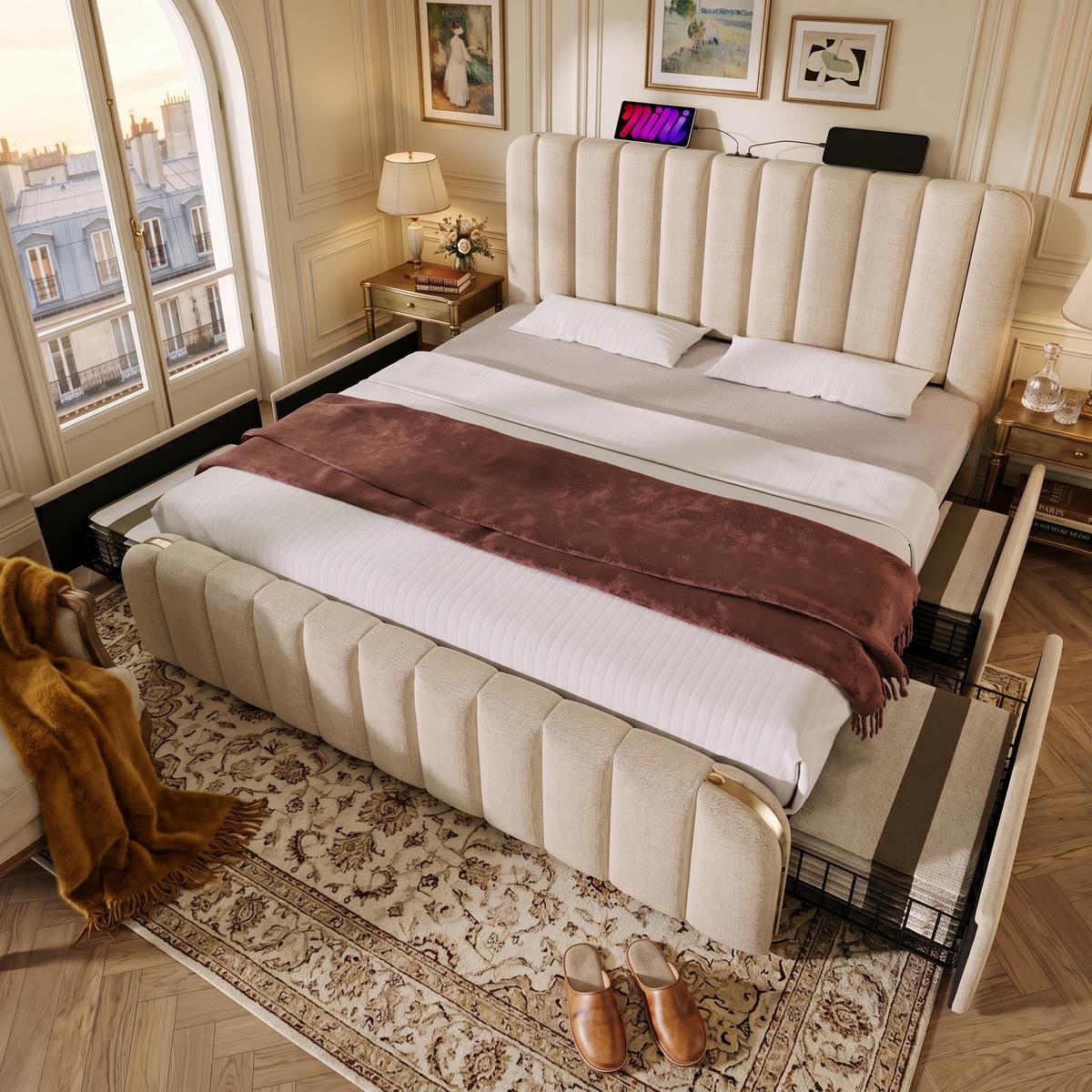 POLSTERBETT 140x190 cm aus beigem leinen, mit 4 schubladen, usb-c und goldenen akzenten - Beige, Textil (140/190cm) - Urban Meuble