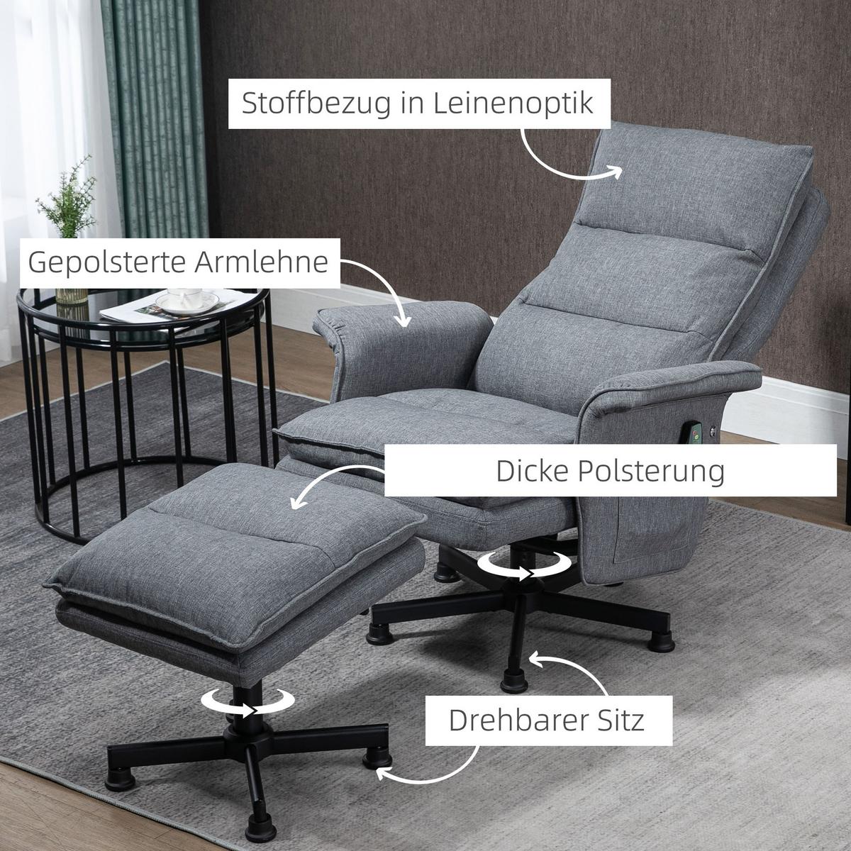 MASSAGESESSEL mit Fußhocker, Elektrischer Fernsehsessel mit Leinenoptik Grau - Grau, Kunststoff (93/99/78cm) - HOMCOM