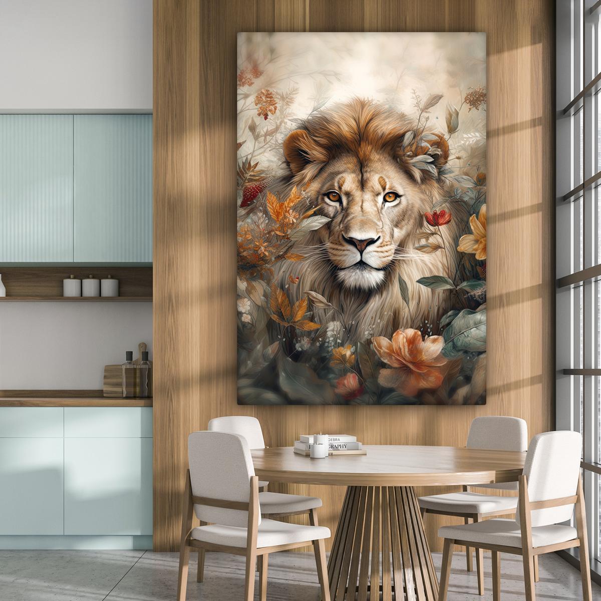 LEINWANDBILD Löwe - Wildtiere - Pflanzen - Natur - Blumen Deko Groß 90x140 cm - Beige, Textil (90/140cm) - MuchoWow