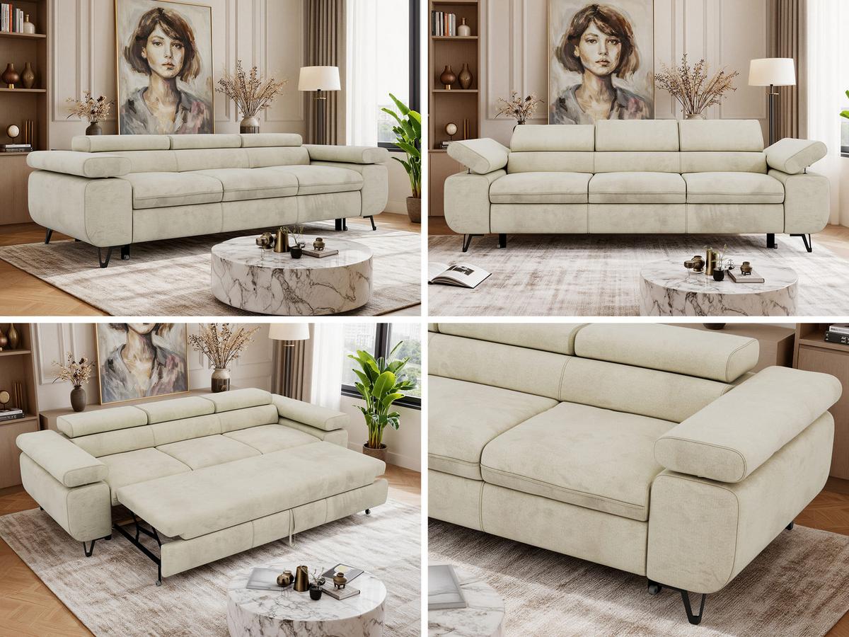 3-SITZER SOFA PETER mit Schlaffunktion - Beige Velvet - Beige/Schwarz, Textil/Metall (262/76/99cm) - MKS