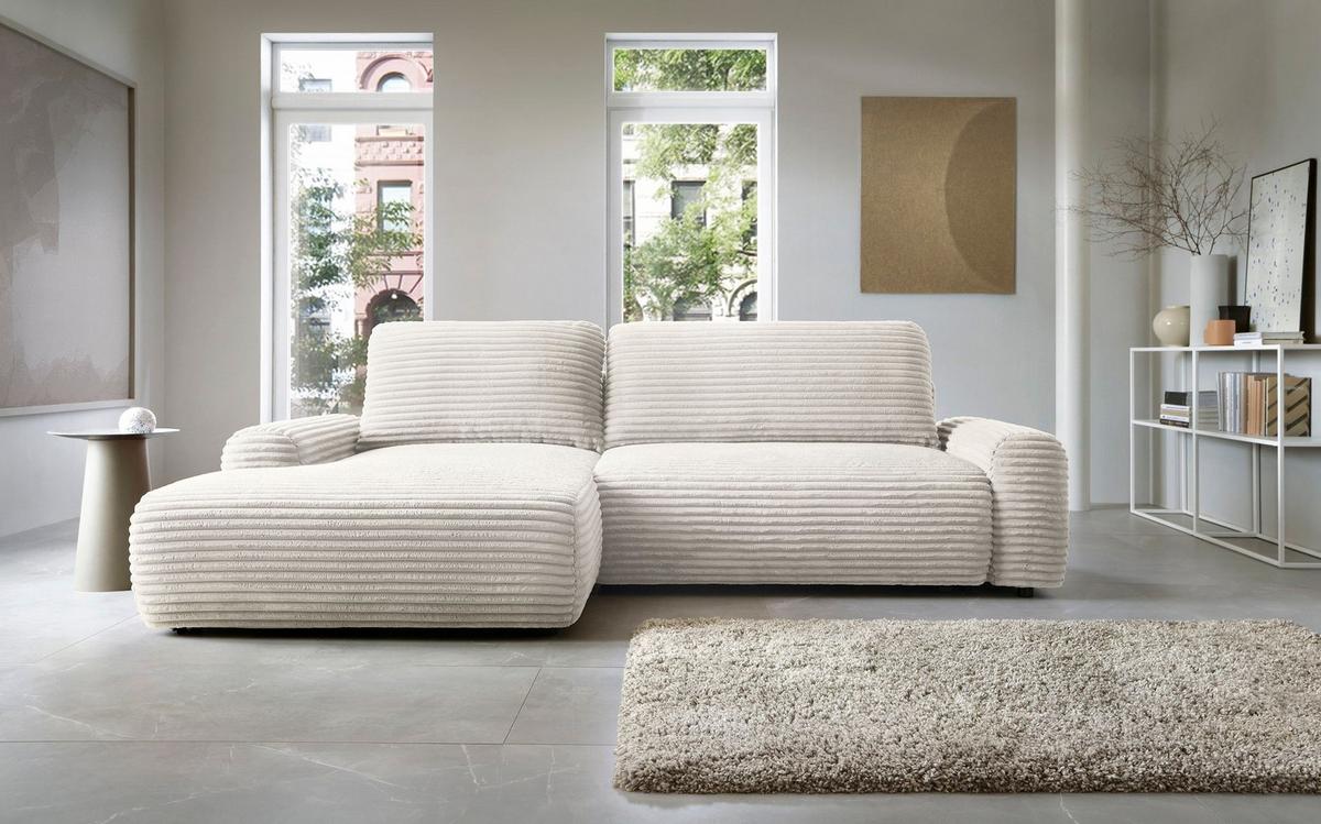 ECKSOFA OSSO Creme Velours-Stoff mit Schlaffunktion - Creme, Holz (264/162cm) - MASSENO