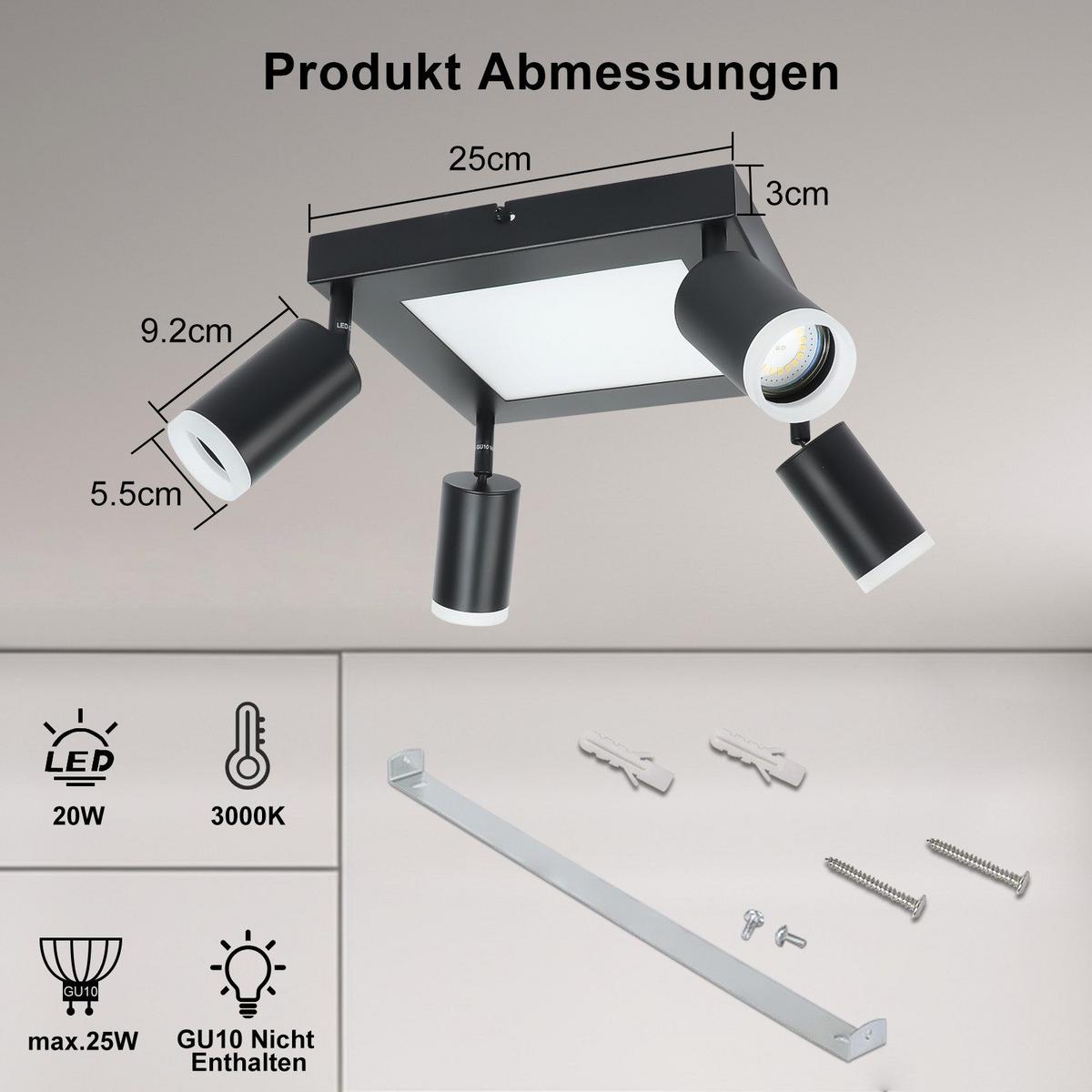 DECKENSTRAHLER Bonn 4-flammig 25/8/16.9 cm - Schwarz, Metall (25/8/16.9cm) - Nettlife