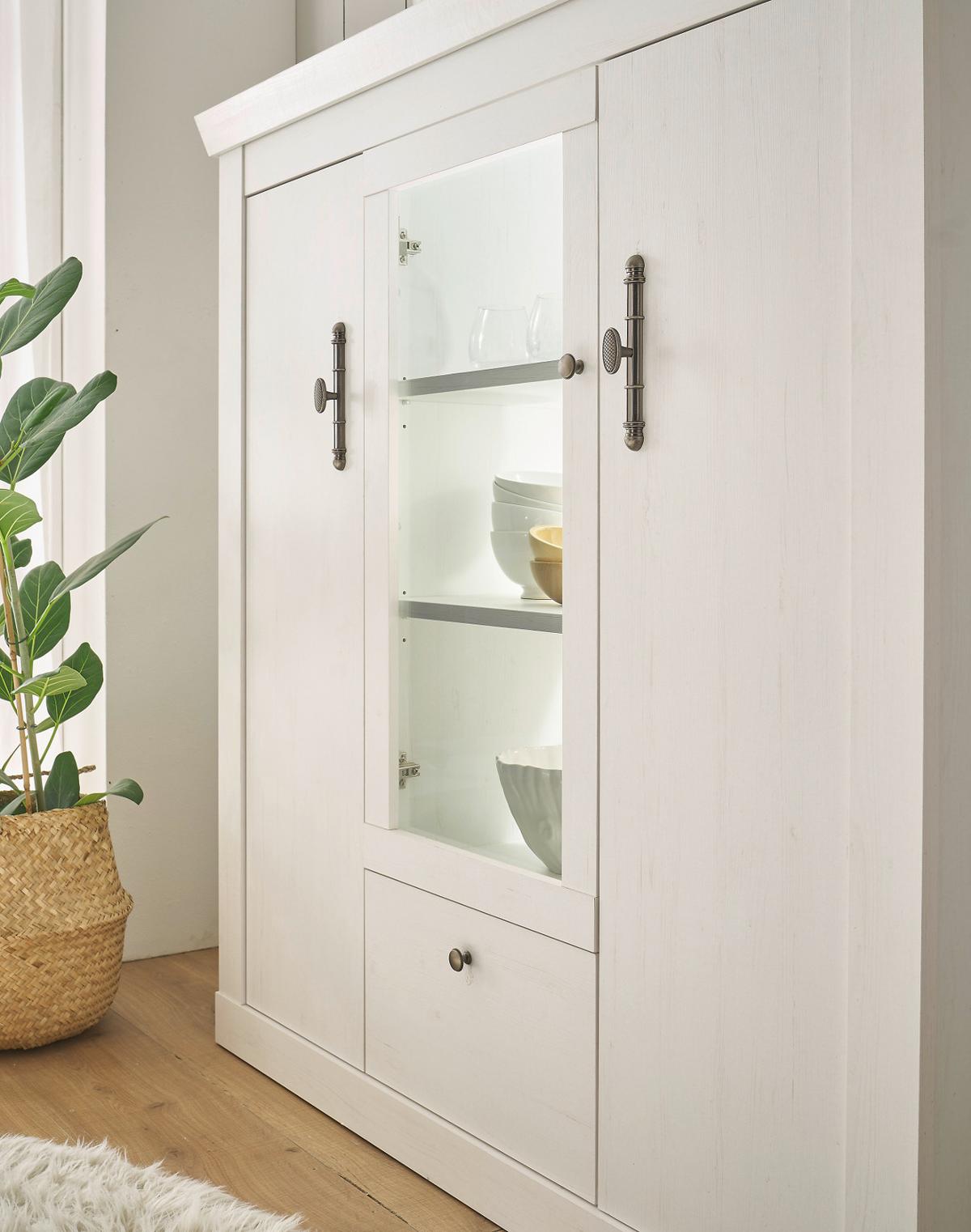 HIGHBOARD weiß Pinie Landhaus, Anrichte mit Soft-Close und Beleuchtung - Weiß, Holzwerkstoff/Kunststoff (141/146/45cm) - Furn.Design