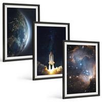 BILDER SET 3er Set - 40x60 cm Schwarzer Rahmen - Weltraum Erde Rakete Galaxie - Schwarz, Kunststoff (40/60cm) - TULUP
