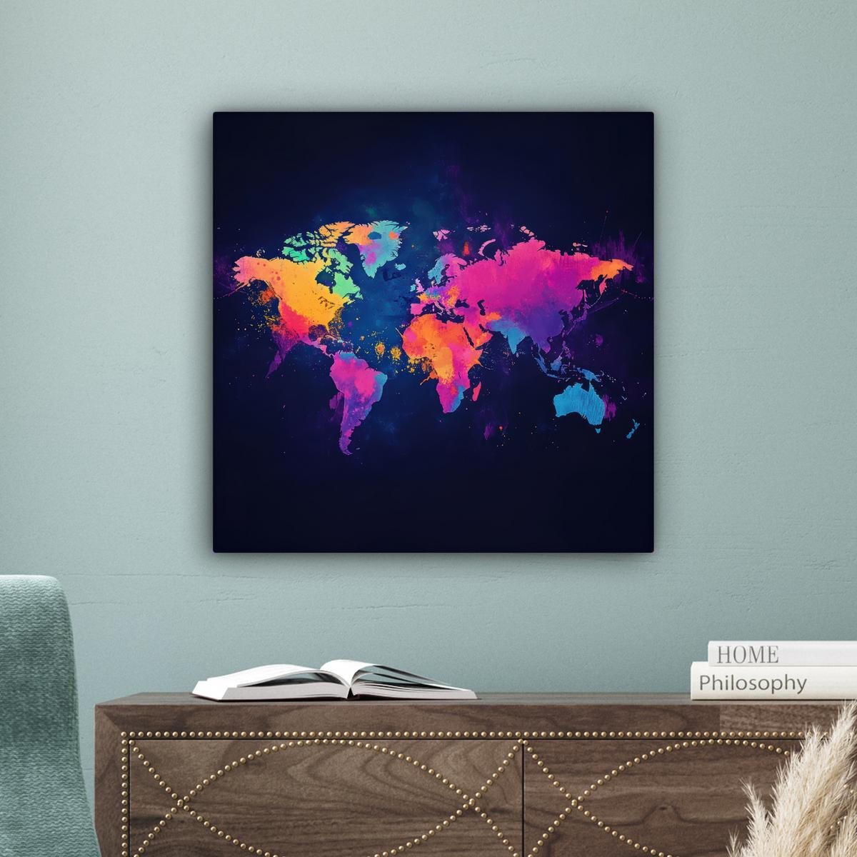 LEINWANDBILD Weltkarte - Bunt - Graffiti Wandbild Wohnzimmer 50x50 cm - Multicolor, Textil (50/50cm) - MuchoWow