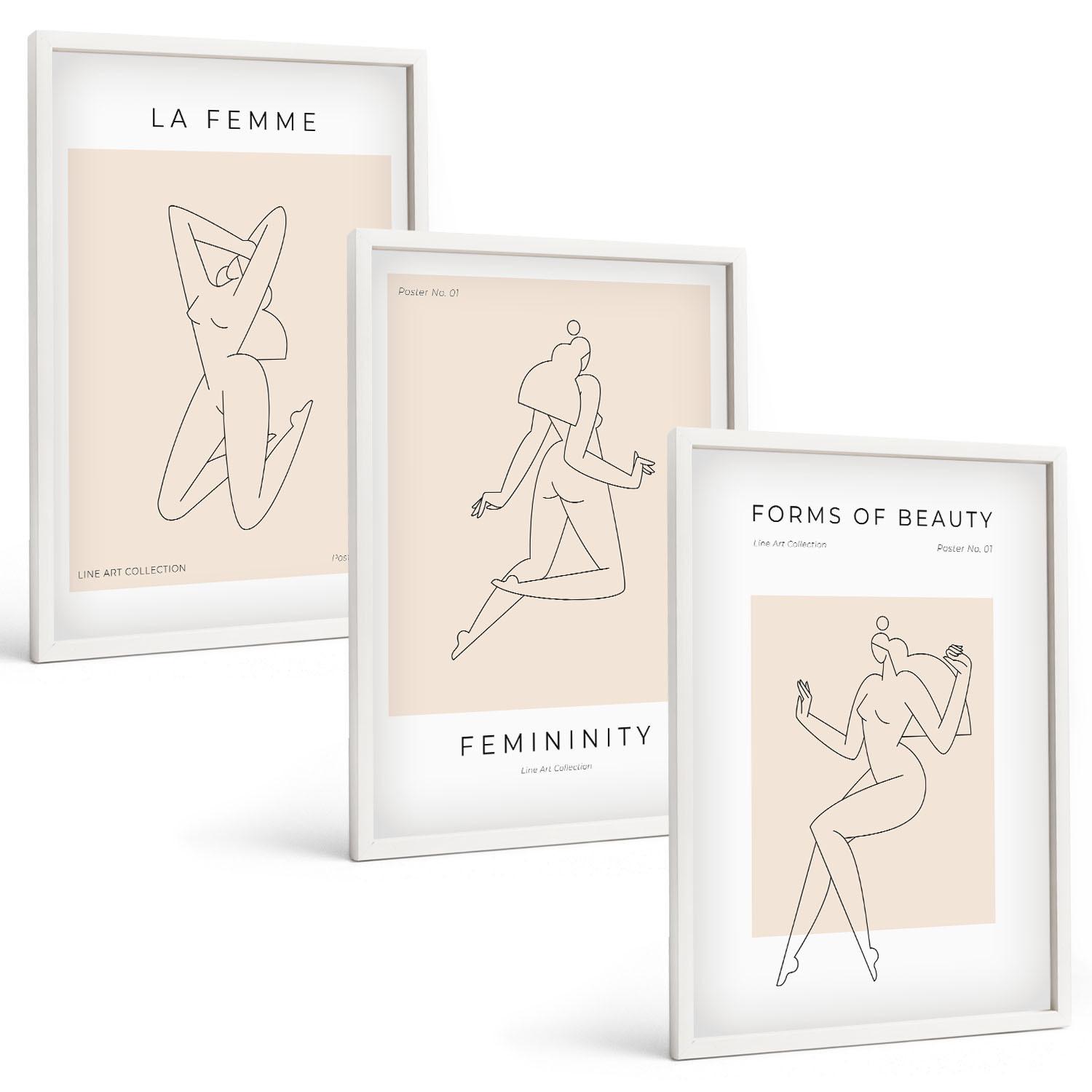 BILDER SET 3er Set - 40x60 cm Weißer Rahmen - Poster mit minimalistischen Frauensilhouetten - Weiß, Kunststoff (40/60cm) - TULUP