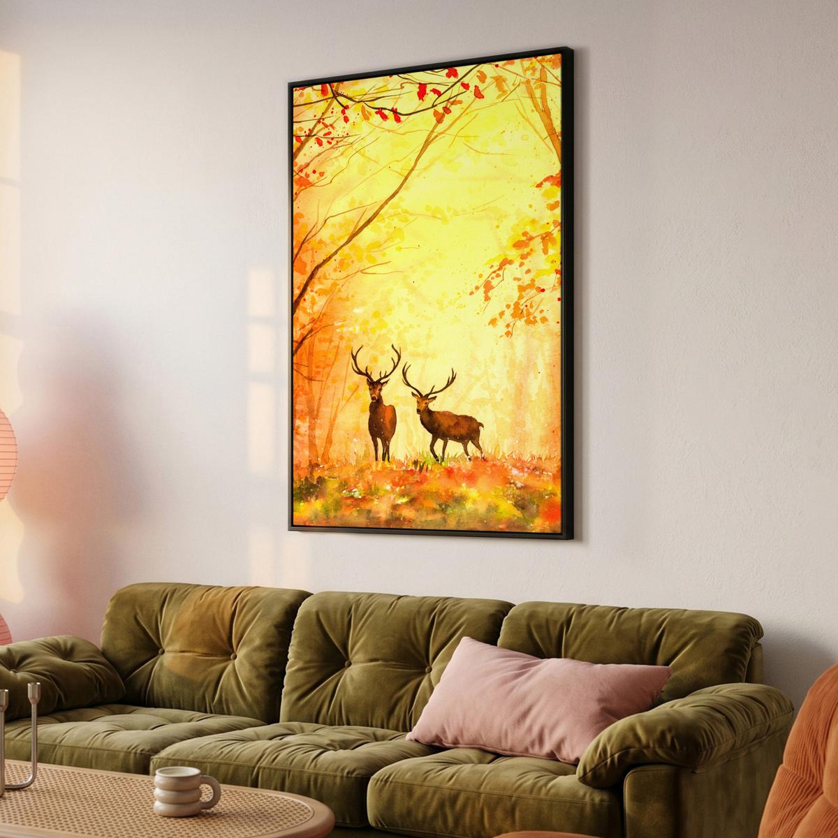 LEINWAND Bilder mit Rahmen - Natur - Ölfarbe - Hirsche - Tiere - Herbst - Orange - 90x140 - Orange, Textil (90/140cm) - MuchoWow