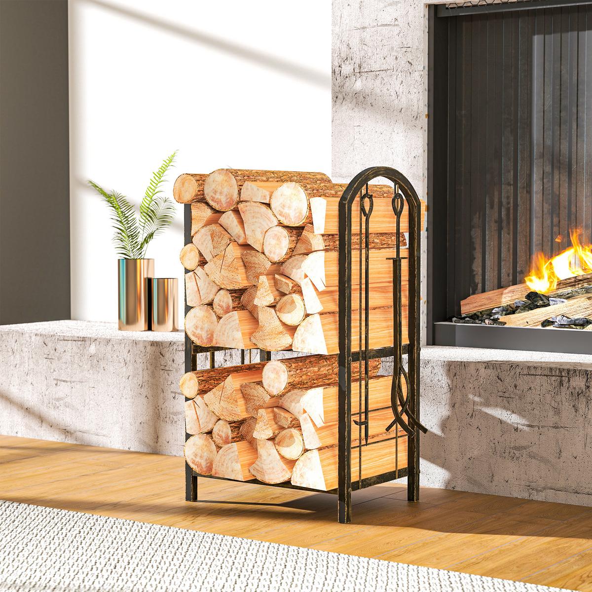 KAMINHOLZREGAL für innen 43 x 30 x 74cm 2 Ebenen Brennholzregal mit 4 Haken - Dunkelbraun, Metall (30/74/43cm) - Outsunny