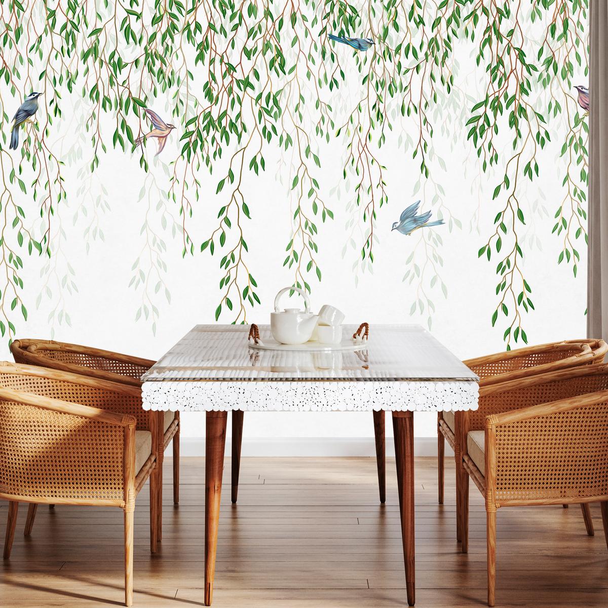 FOTOTAPETE für Schlafzimmer Trauerweide Äste Vögel Frühling Blätter 500x350 - Blau/Beige, Papier (500/350cm) - Muralo
