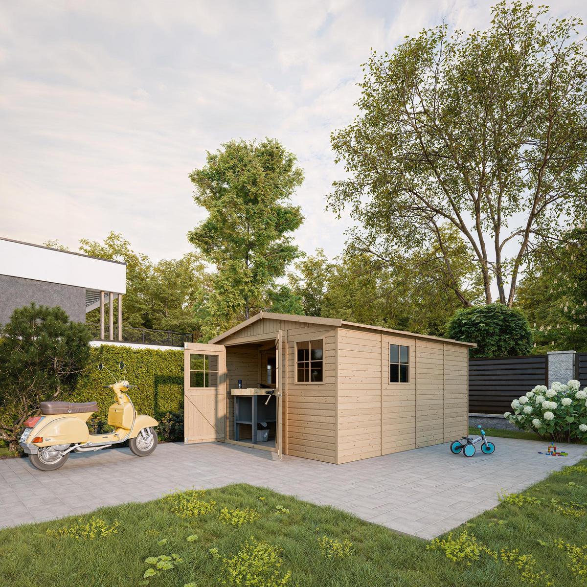 HOLZ-GARTENHAUS - H226x418x320 cm/12 m² - M336 - Beige, Holz (324/226/395cm) - Timbela
