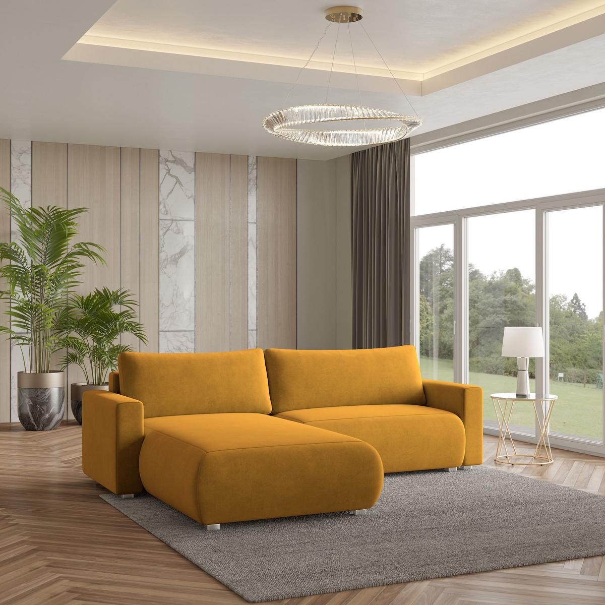 ECKSOFA TURIN M Gelb Velours-Stoff mit Schlaffunktion - Gelb/Grau, Holz/Kunststoff (265/183cm) - MASSENO