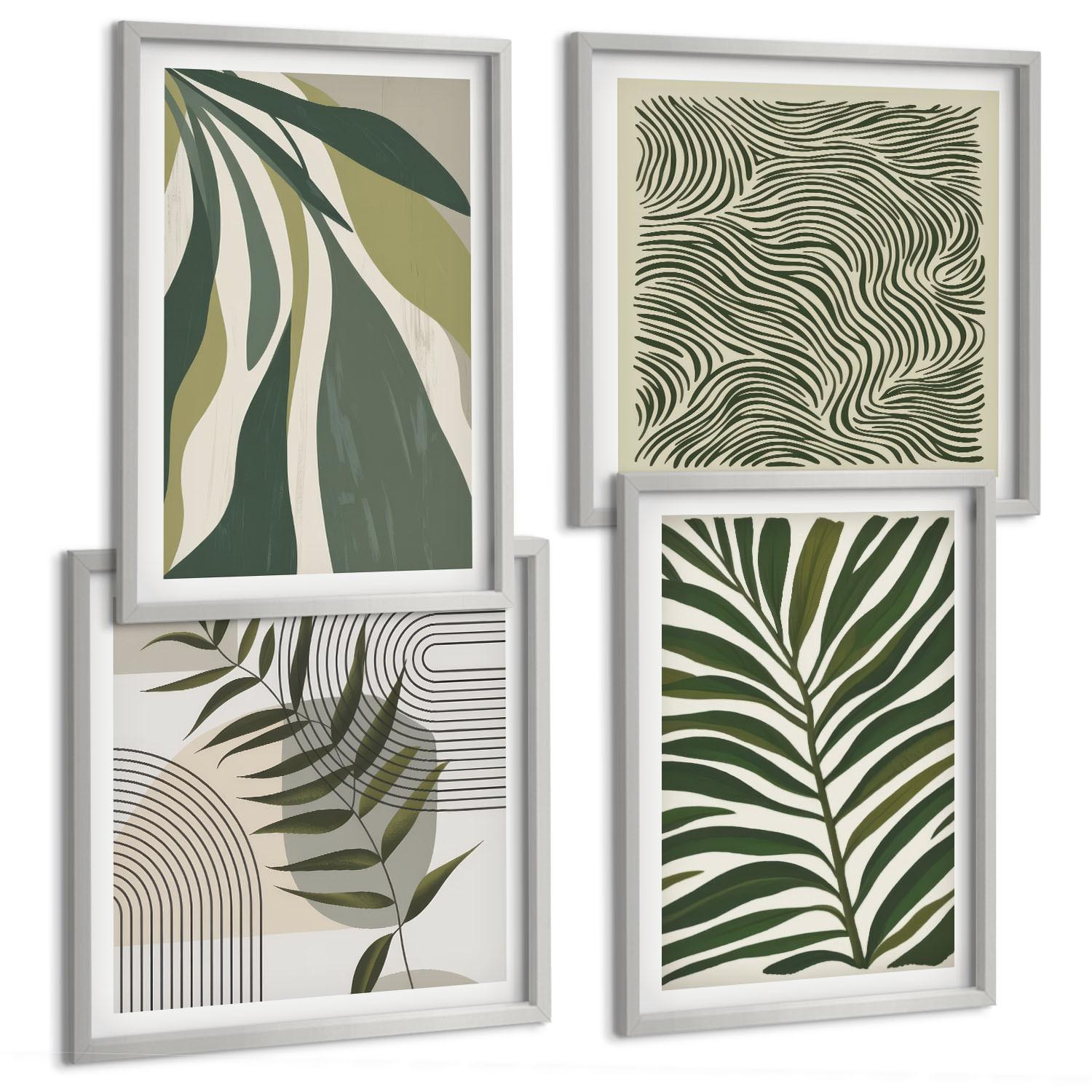 BILDER SET 4er Set - 50x50 cm & 40x60 cm Silberner Rahmen - Blätter, Wellen – Pastellillustrationen - Silberfarben, Kunststoff (50/50cm) - TULUP