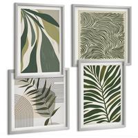 BILDER SET 4er Set - 50x50 cm & 40x60 cm Silberner Rahmen - Blätter, Wellen – Pastellillustrationen - Silberfarben, Kunststoff (50/50cm) - TULUP
