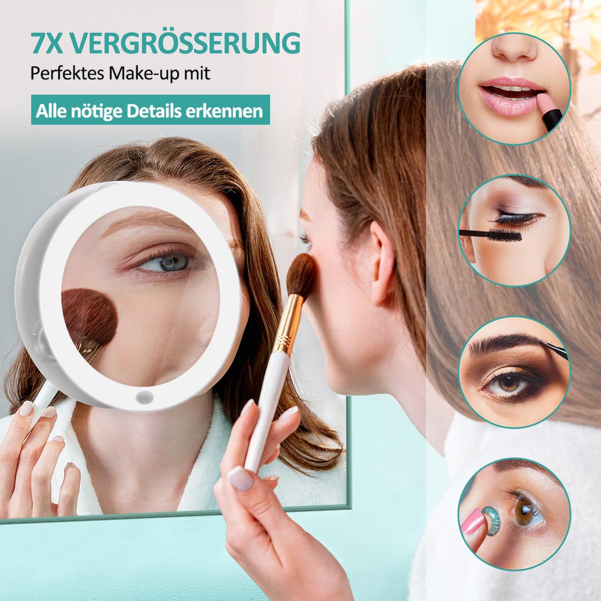 KOSMETIKSPIEGEL mit Licht mit Saugnapf 7X Vergrößerung Weiß φ16,5 cm - Weiß, Glas (16.7/16.7/16.7cm) - EMKE