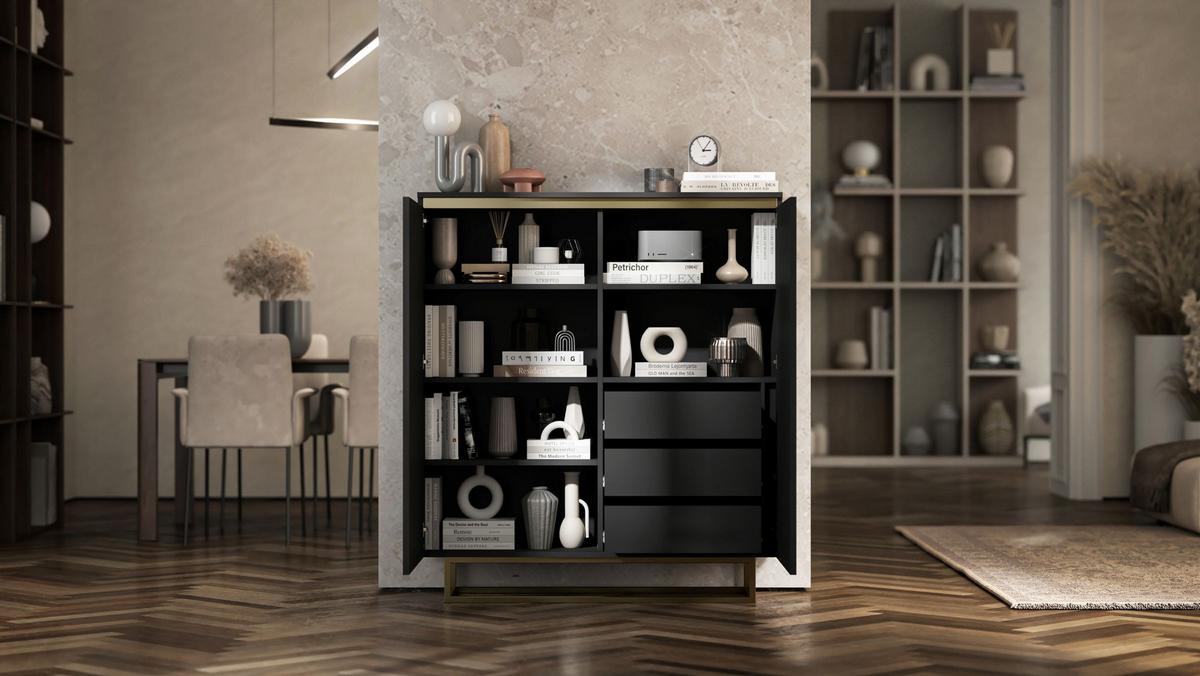 HIGHBOARD Selene 2D Schwarz Matt 111 cm goldfarbener Rahmen - Goldfarben/Schwarz, Holzwerkstoff/Metall (111/125/35cm) - Meble Lindner
