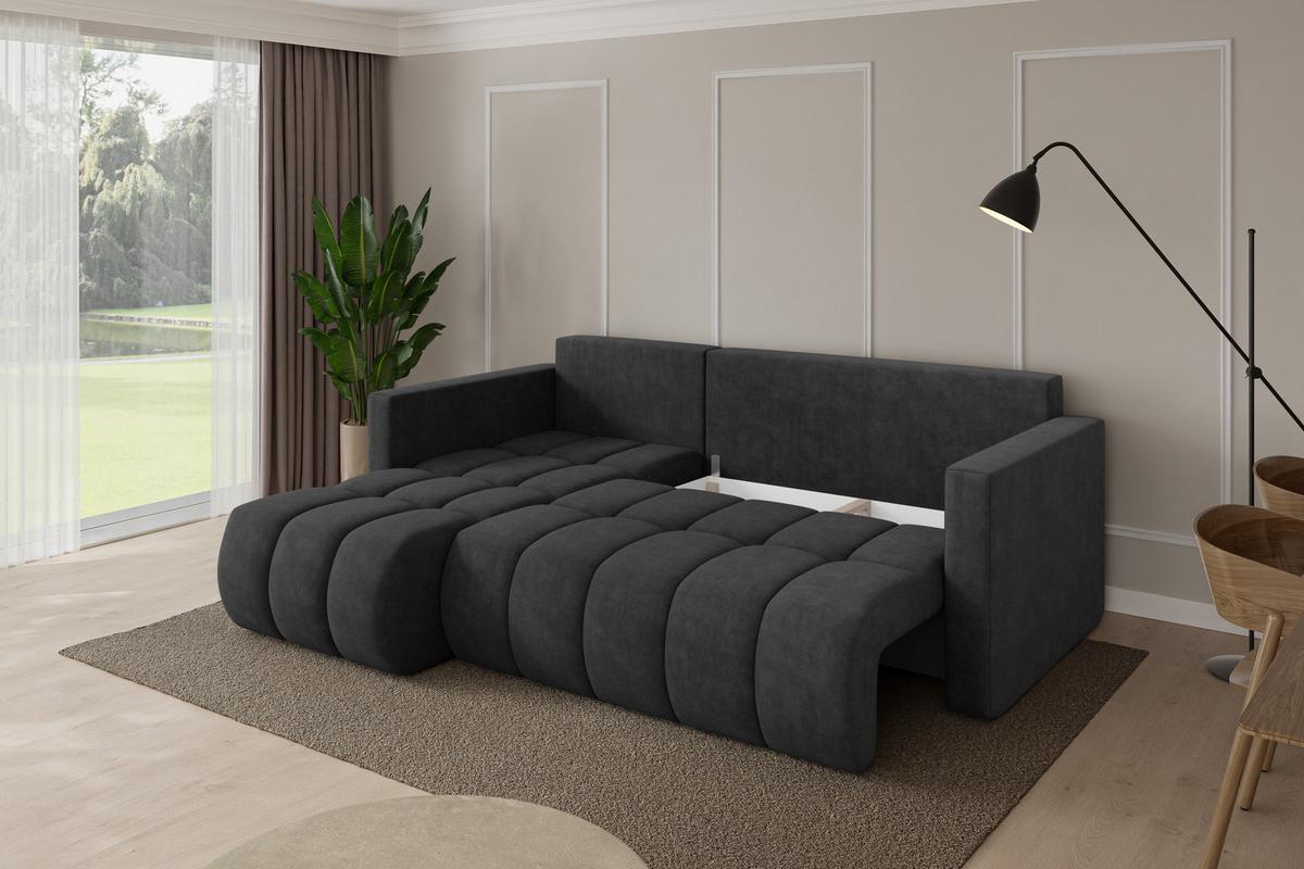 ECKSOFA mit Schlaffunktion Ottomane Links GARD-L 226x146x85 Dunkelgrau Velours - Anthrazit/Schwarz, Holzwerkstoff/Kunststoff (226/146cm) - ALTDECOR