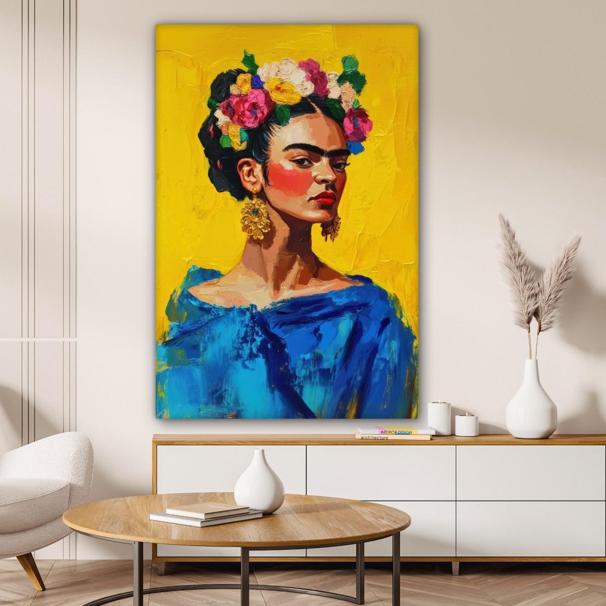 LEINWANDBILD Frida Kahlo - Frau - Gelb - Blau - Blumen Deko XXL 80x120 cm - Gelb, Textil (80/120cm) - MuchoWow