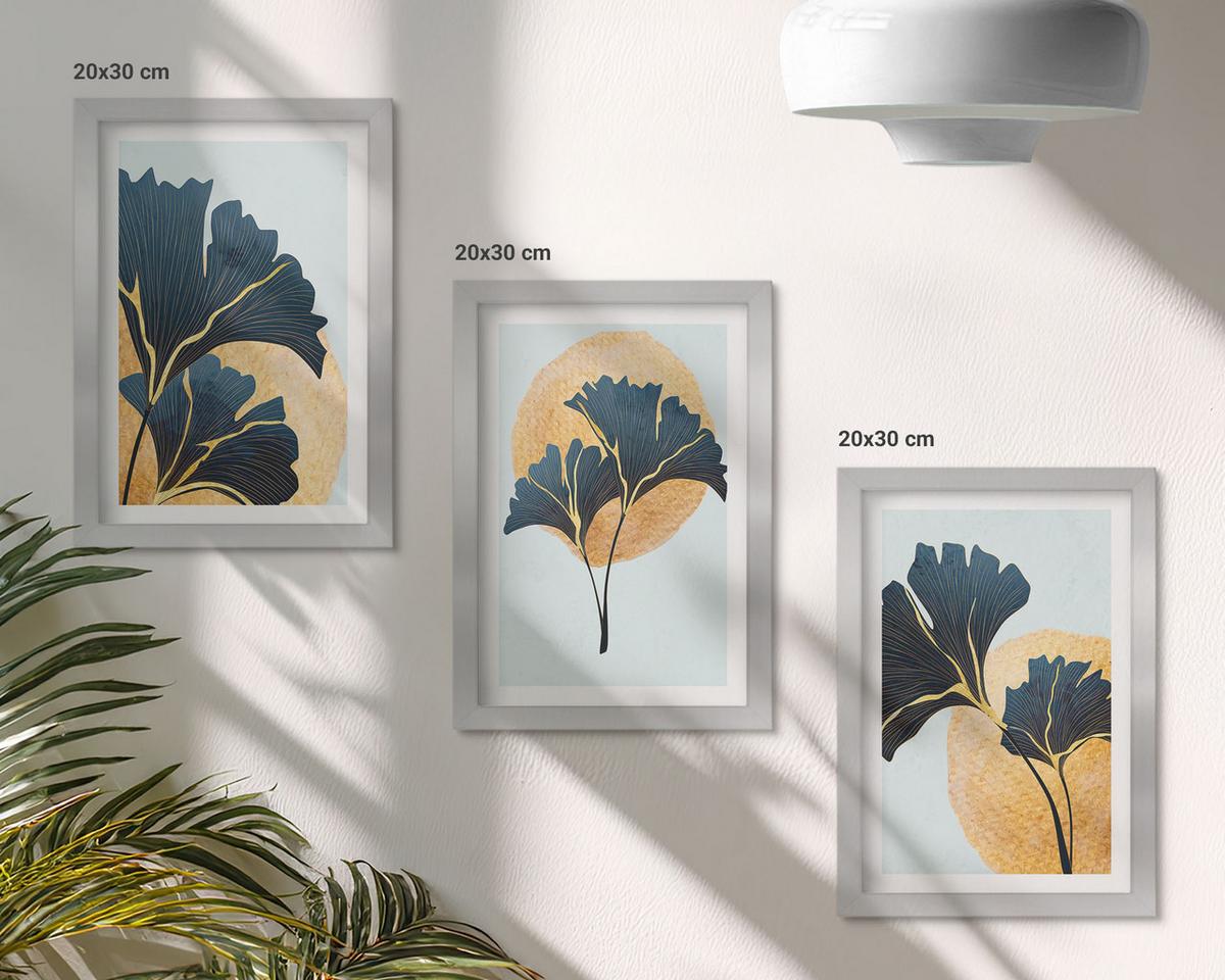 BILDER SET 3er Set - 20x30 cm Silberner Rahmen - Ginkgoblätter, heller Hintergrund - Silberfarben, Kunststoff (20/30cm) - TULUP