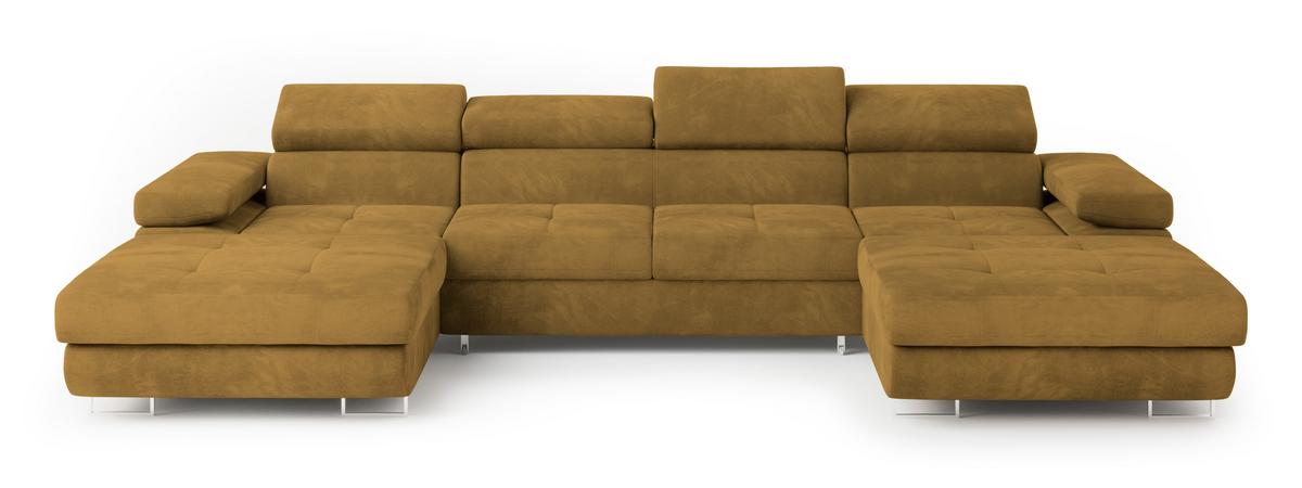 WOHNLANDSCHAFT LYKKE Gelb Velours-Stoff mit Schlaffunktion - Gelb, Holz (353/90/202cm) - MASSENO