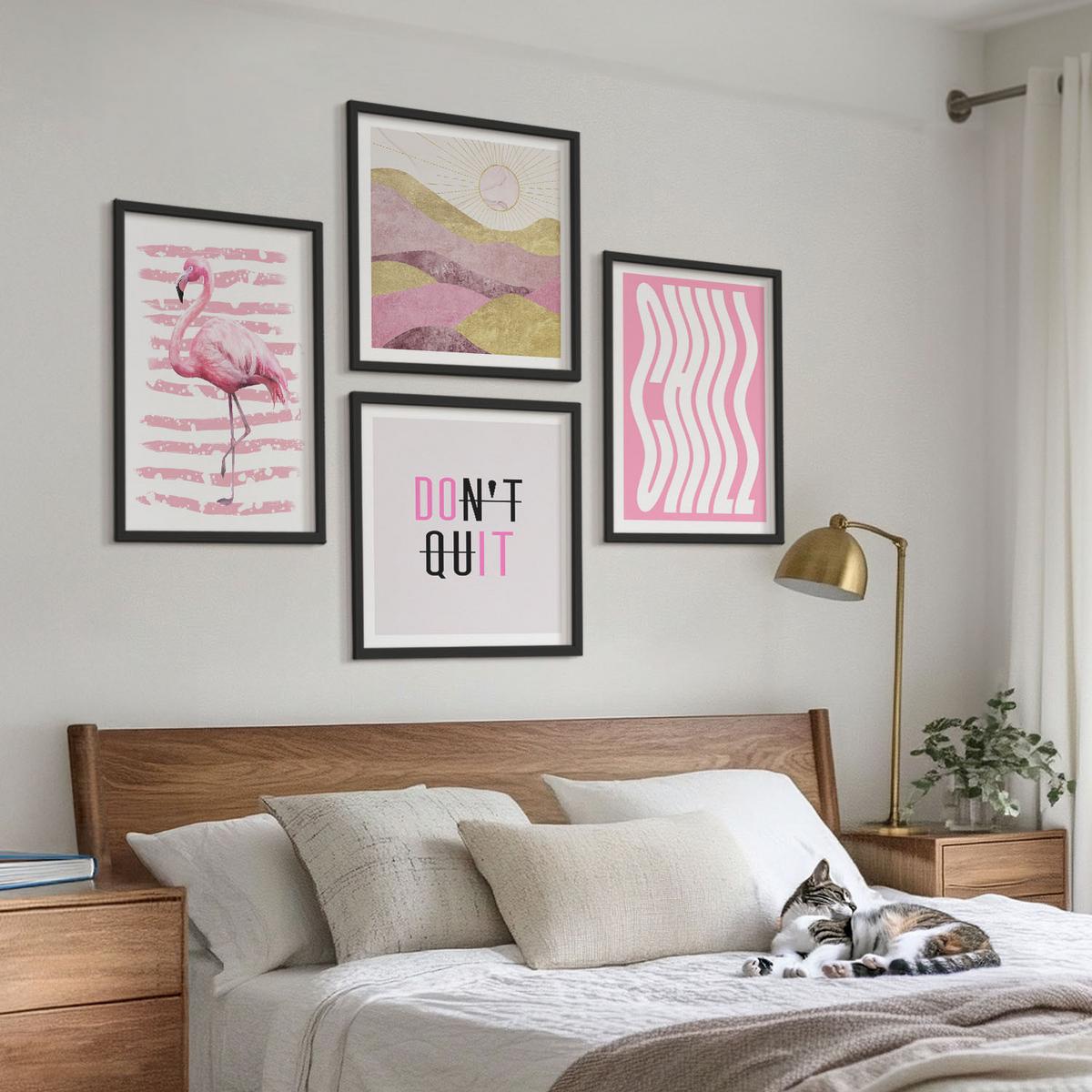 BILDER SET 4er Set - 50x50 cm & 40x60 cm Schwarzer Rahmen - Pastellfarbene Berglandschaft mit rosa Flamingos - Schwarz, Kunststoff (50/50cm) - TULUP