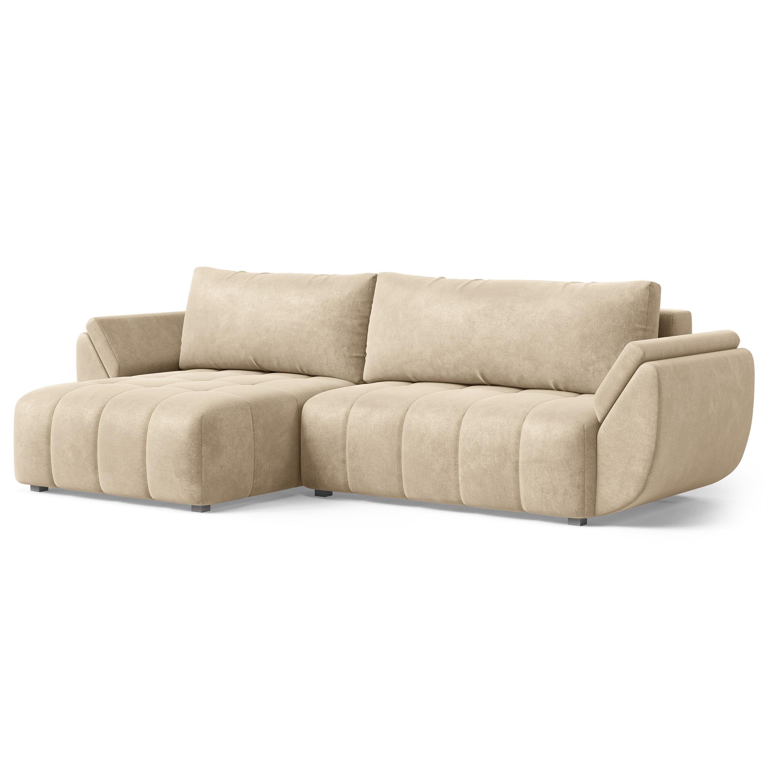 ECKSOFA OLSI Creme Velours-Stoff mit Schlaffunktion - Creme, Holz (285/148cm) - MASSENO