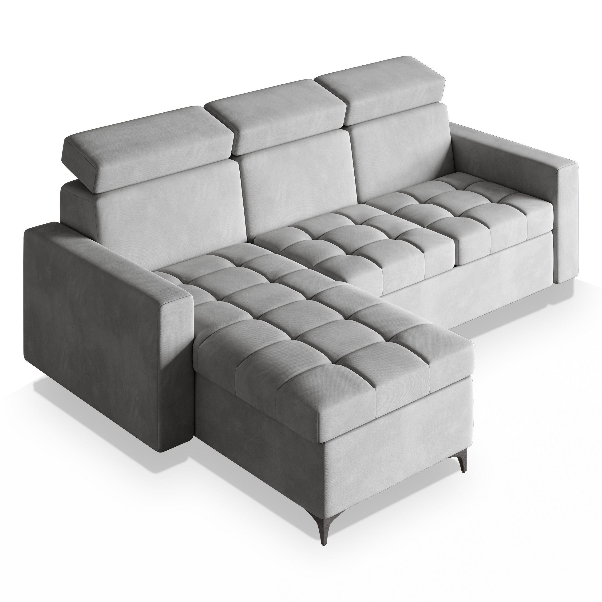 ECKSOFA KAME Hellgrau Plüsch-Stoff mit Schlaffunktion - Hellgrau/Schwarz, Holz/Textil (227/168cm) - MASSENO