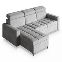 ECKSOFA KAME Hellgrau Plüsch-Stoff mit Schlaffunktion - Hellgrau/Schwarz, Holz/Textil (227/168cm) - MASSENO