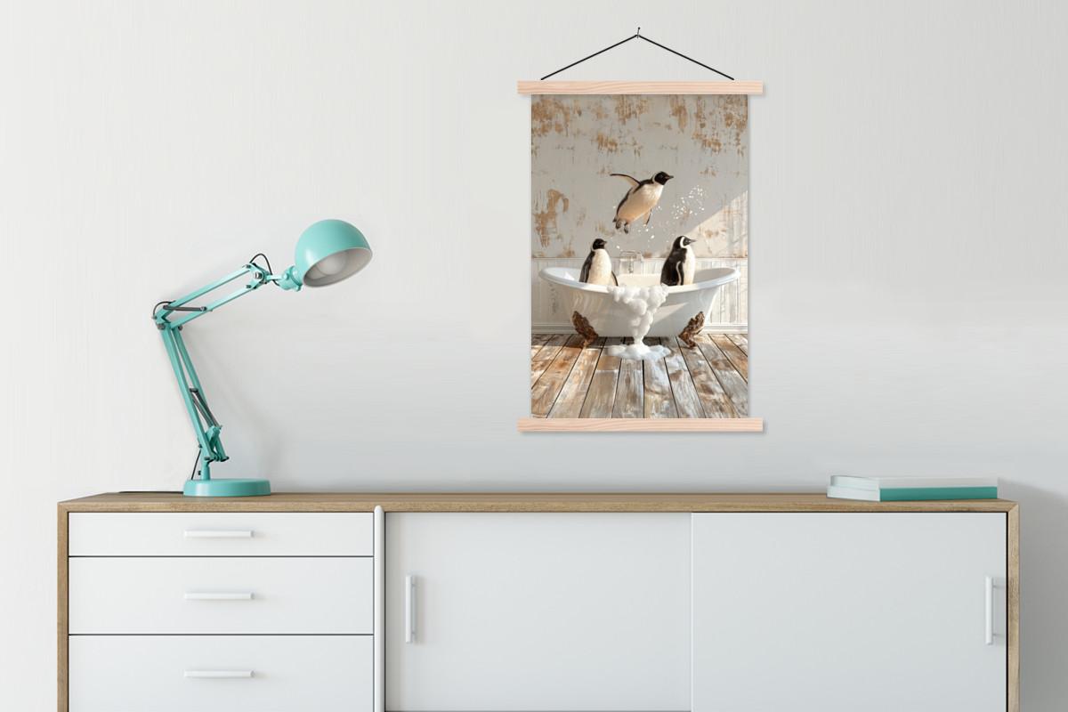 POSTER MIT MAGNETLEISTEN Vintage - Pinguin - Badewanne - Schaumstoff Wandbild Schlafzimmer 60x90 cm - Schwarz, Textil (60/90/0.15cm) - MuchoWow