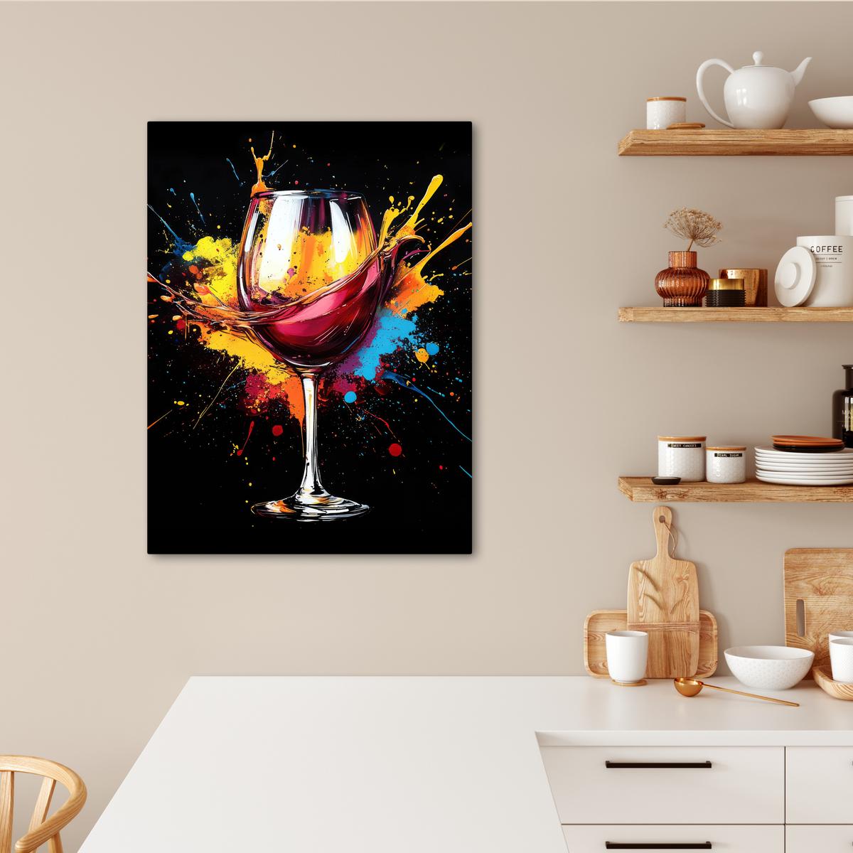 LEINWANDBILD Wein - Glas - Graffiti - Getränk - Rot - Farbe Wandbild Wohnzimmer 60x80 cm - Weinrot, Textil (60/80cm) - MuchoWow