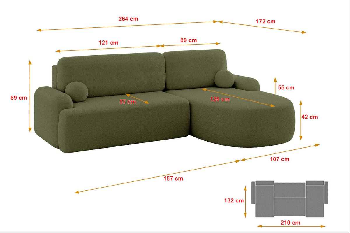 ECKSOFA mit Schlaffunktion und Bettkasten LIRA-L - 264x172x89 Grün - Grün, Holzwerkstoff/Textil (172/264cm) - ALTDECOR