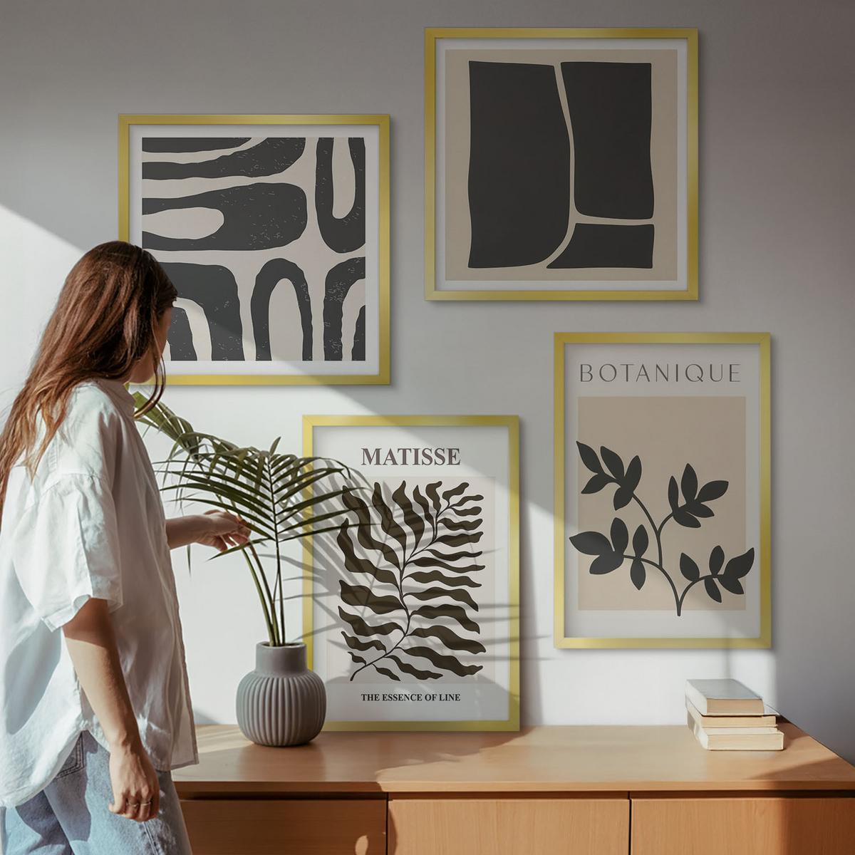 BILDER SET 4er Set - 50x50 cm & 40x60 cm Goldrahmen - Minimalistische Pflanzenposter - Goldfarben, Kunststoff (50/50cm) - TULUP