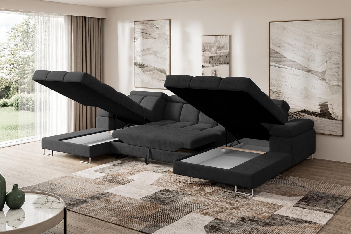 WOHNLANDSCHAFT mit Schlaffunktion und Bettkasten COMA U2 345x203x79 Schwarz Velours - Schwarz, Holzwerkstoff/Textil (345/79/203cm) - ALTDECOR