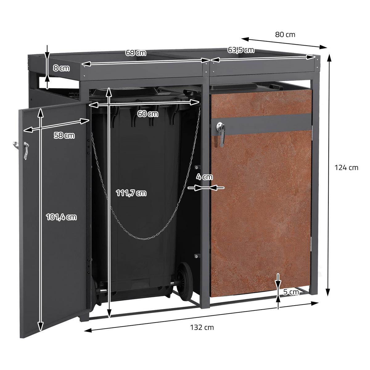 MÜLLTONNENBOX 2er mit Pflanzdach Anthrazit-Rostoptik - Rotbraun, Metall (132/124/80cm) - ML-DESIGN